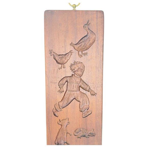VTG Springerle Double Sided Wood Cookie Mold Press Panel Hangs Fruit Boy Animal - Picture 2 of 10